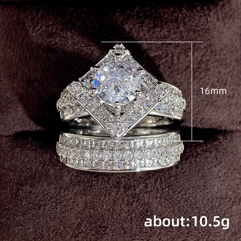 Huitan Set Lady Rings Luxury Wedding Engagement Party Finger Accessories Inlaid Shining Cubic Zirconia Graceful Fashion Jewelry