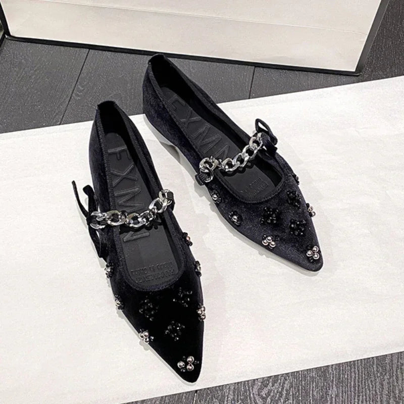 Metal Chain Design Pointed Toe Ballet Shoes Women Luxury Rhinestone Decoration Flats Mary Jane Shoes Fashion Banquet Dress Shoes