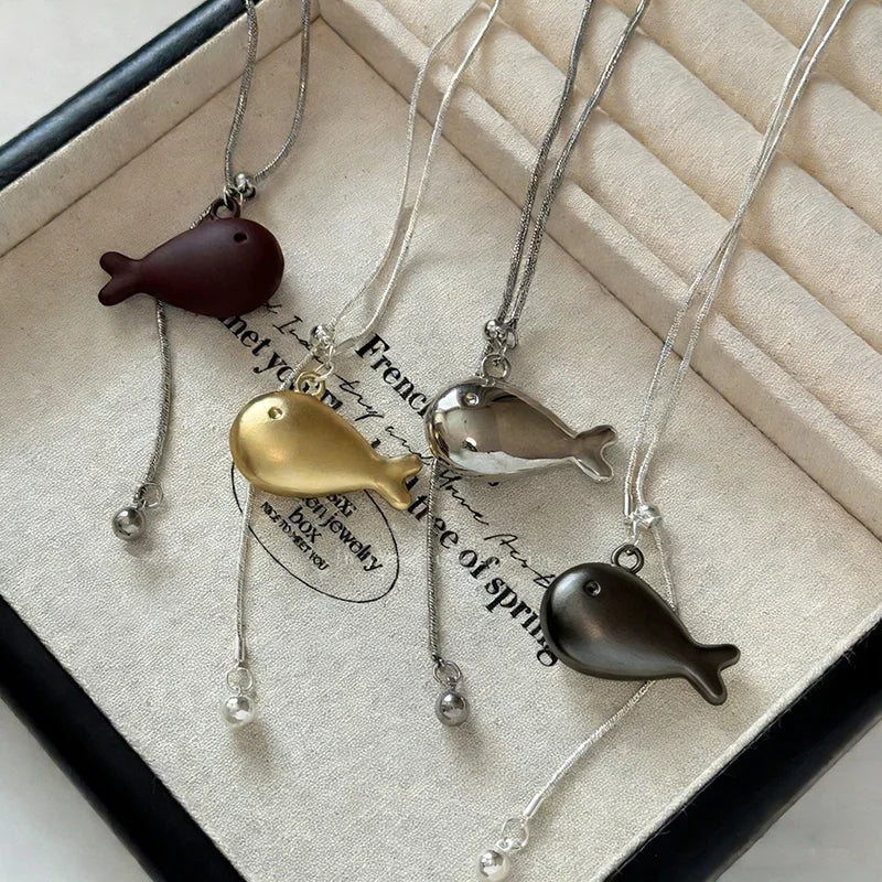 Korean Fashion Simple Silver Small Fish Pendant Necklace Female Adjustable Pull  Long Sweater Chain Charm Jewerly Holiday Gift