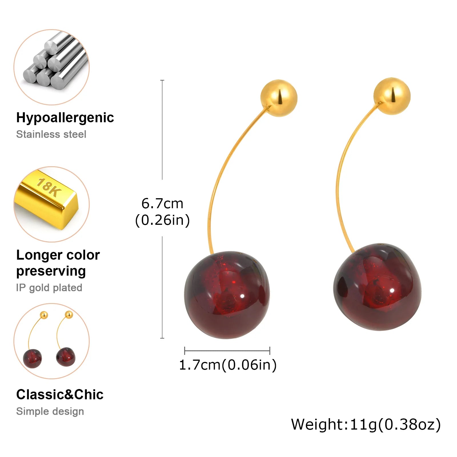 Unique Solid Cherry Earrings,Women's Stainless Steel Earrings,Trendy Party Jewelry Mother's Day Gift