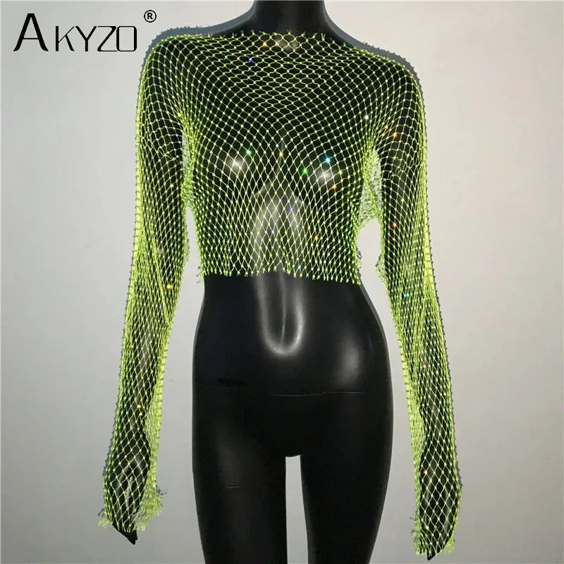Autumn Women Sexy See Through Fishnet T Shirt Glitter Rhinestone Hollow Mesh Long Sleeve Crop Tops Nightclub Party Festival Top