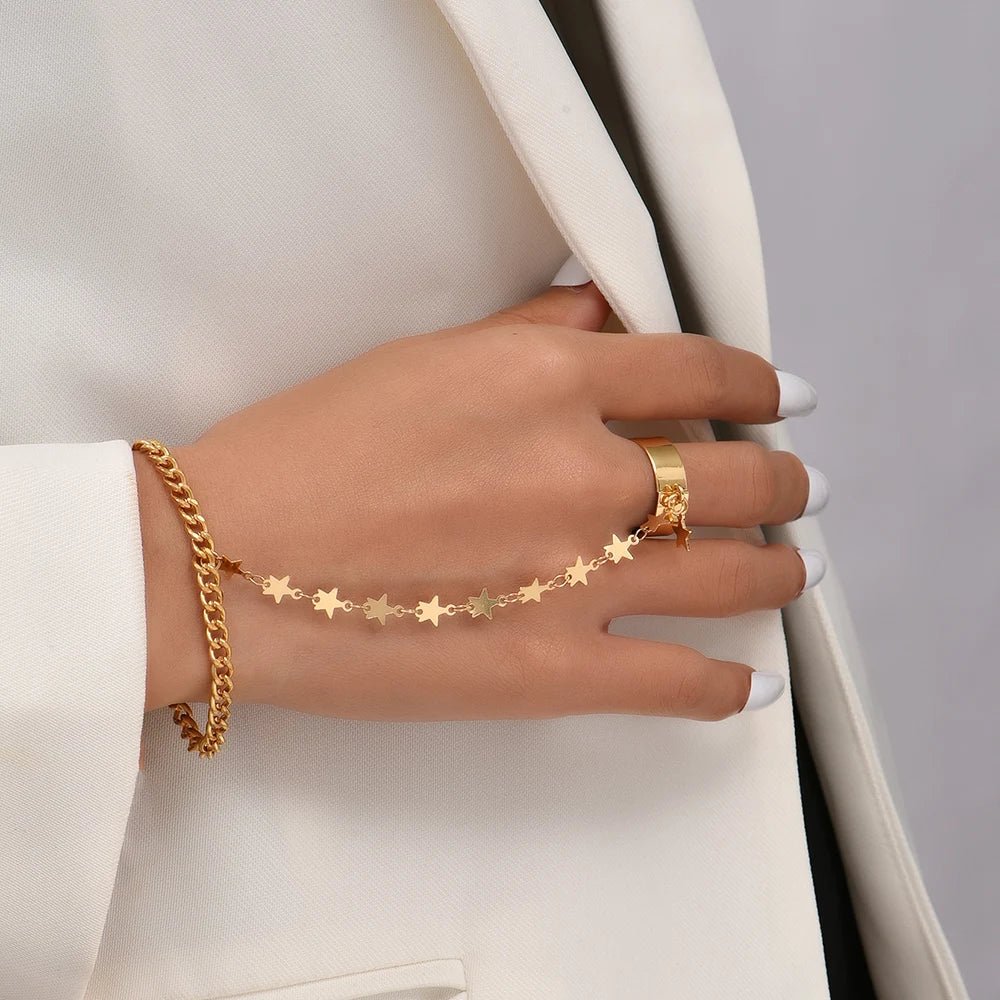 Simple Heart Pendant Chain Bracelet Link Connected Gold plated Wide Finger Ring Bracelets for Women Link Hand Harness Jewelry