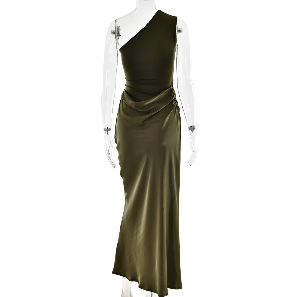 JULISSA MO Patchwork Satin Sexy One Shoulder Women Maxi Dress Brown Sleeveless Evening Dress Summer Slim Elegant Party Clubwear