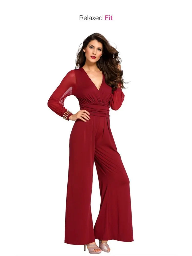 Fashion Deep V-neck Long-sleeved Waist Jumpsuit For Women Elegant Solid Color Lace Lantern Sleeves Loose Casual Jumpsuit Female