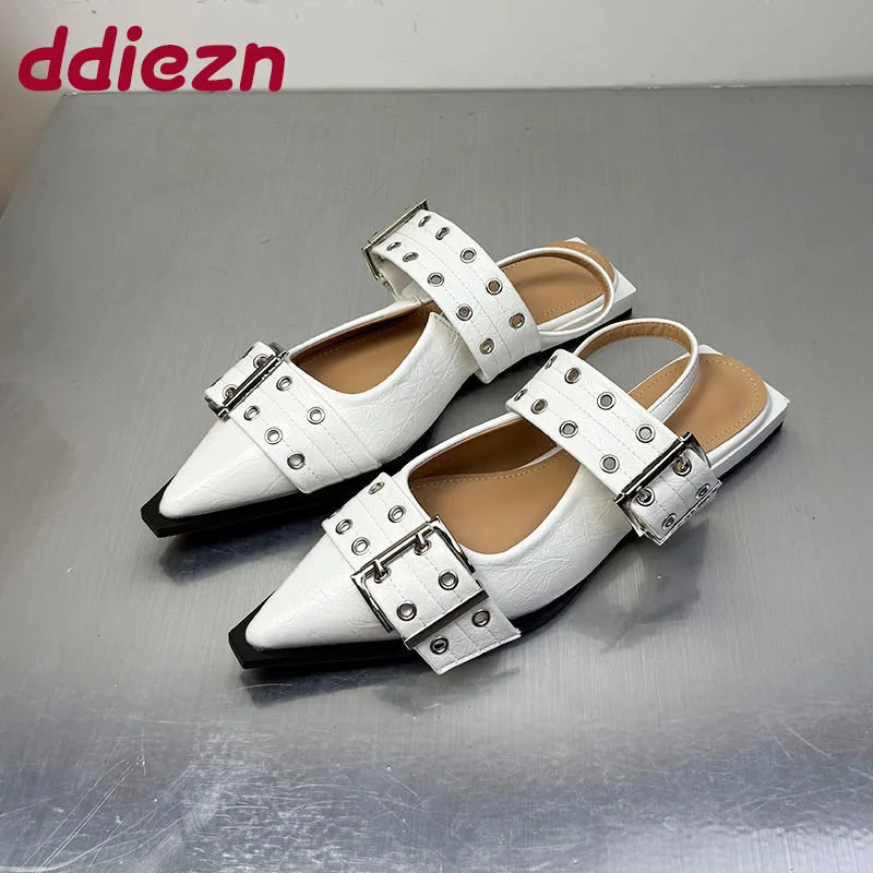 Women Flat With Shoes 2025 Designer Luxury Buckle Fashion Ladies Flats Shoes Slingback Pointed Toe Casual Female Sandals Mules