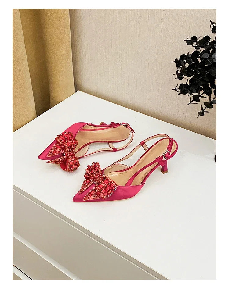 Aneikeh Pointed Toe Women Pumps Designer Crystal Butterfly-knot Elegant Slingbacks Buckle Strap High Heels Wedding Shoes