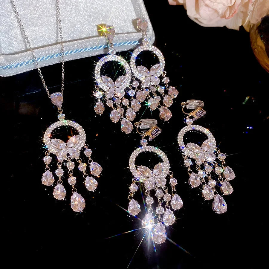 Inlaid Rhinestone Zircon Round Butterfly Jewelry Sets for Women 2025 Fashion Light Luxury High-end Wedding Earring Necklace Set