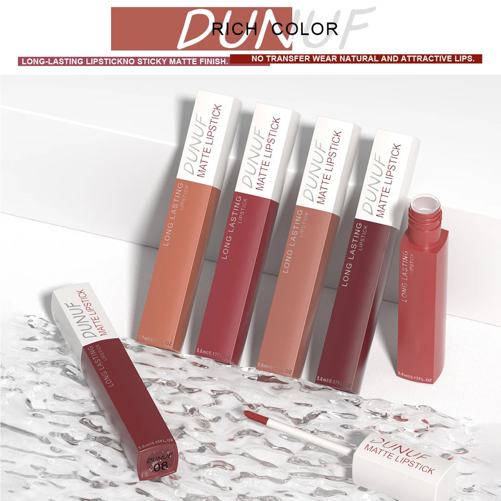 DUNUF 8 pcs matte color lasting lip gloss set three-dimensional plastic lips waterproof anti-sweat non-stick cup lipstick set