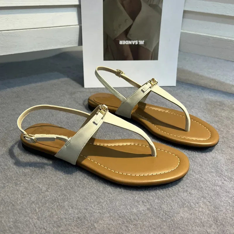 Genuine Leather Retro Clip Toe Roman Sandals Women Summer Fashion Flat Shoes Sexy T-Strap Flip Flops Casual Beach Slippers Women