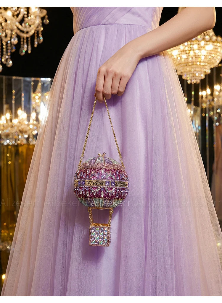 Alizekerr Hot Air Balloon Shaped Crystal Evening Bags Women Luxury Classy Unique Rhinestone Circular Clutch Purses Wedding Party