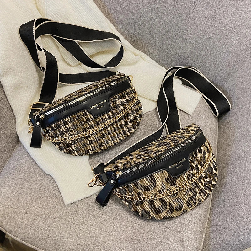 New Fashion Leopard Women Waist Bag Female Phone Purses Ladies Chest Wide Strap Crossbody Shoulder Bags Small Chain Fanny Packs