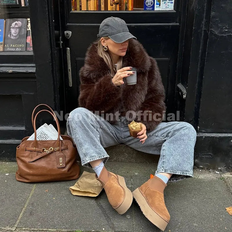 Neo Mint Ins Blogger Brand Fashion Burgundy Obsession Faux Fur Coat Women Winter 2025 Vintage Brown Fox Fur Jacket Warm Overcoat