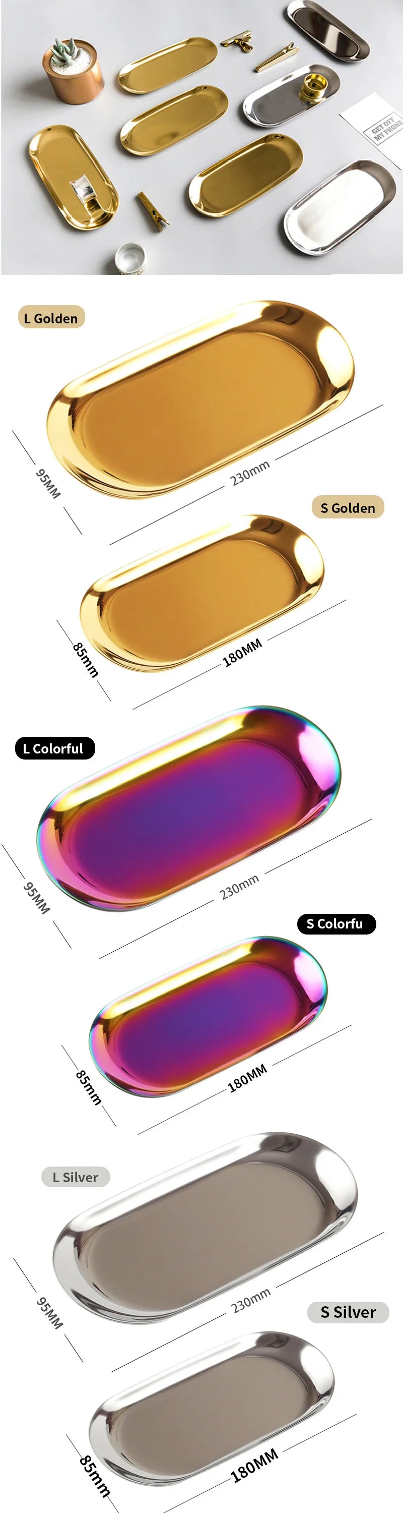 Stainless Steel European Oval Gold Tray Thickened Western Food Dessert Single Layer Flat Tray Jewelry Item Multi-Purpose Storage