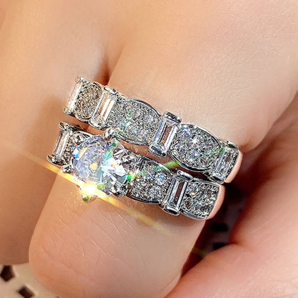 Huitan Set Lady Rings Luxury Wedding Engagement Party Finger Accessories Inlaid Shining Cubic Zirconia Graceful Fashion Jewelry