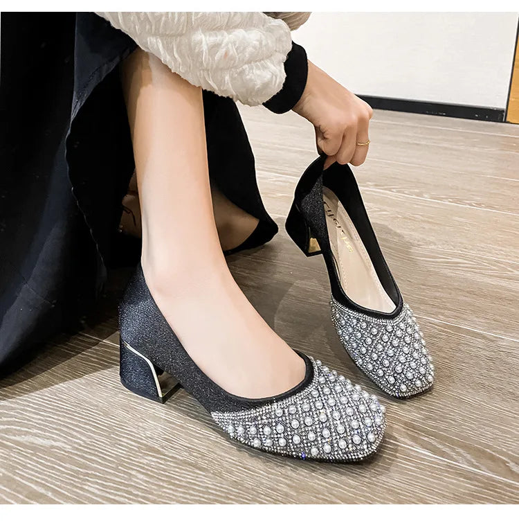 2025 Spring Summer Women Fashion Pumps New OL Party Square Casual High Heels Shoes Ladies Rhinestone Pearl Loafers 35-43