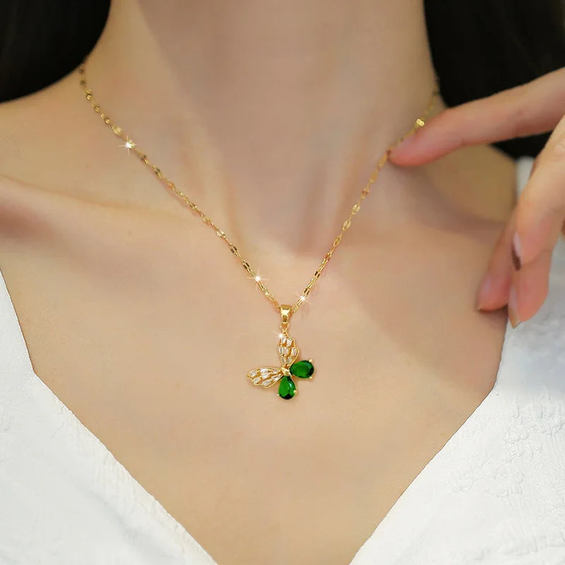 DIEYURO 316L Stainless Steel Steell Green Crystal Hollow Out Butterfly Necklace Earring Set For Women New Fashion Jewelry Gift