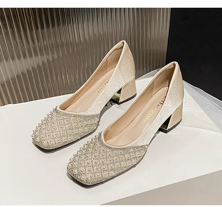 2025 Spring Summer Women Fashion Pumps New OL Party Square Casual High Heels Shoes Ladies Rhinestone Pearl Loafers 35-43