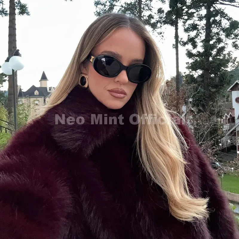 Neo Mint Ins Blogger Brand Fashion Burgundy Obsession Faux Fur Coat Women Winter 2025 Vintage Brown Fox Fur Jacket Warm Overcoat