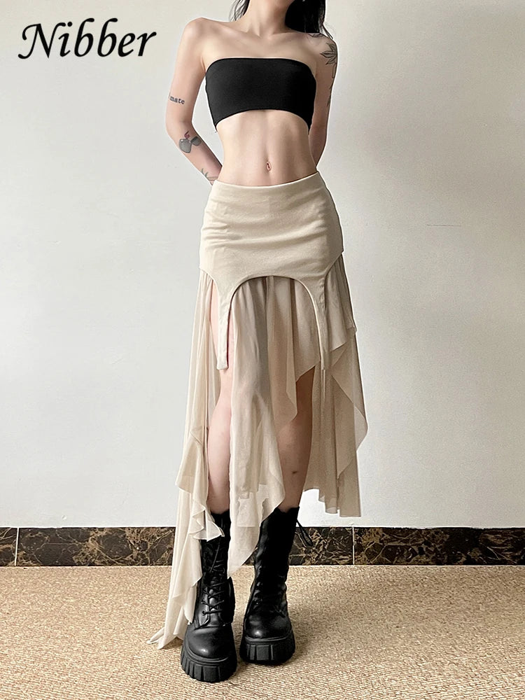 Nibber 2024 Summer Solid Color Simple All-match Casual Sexy Fimbriate High Street Trendy Cool Women's Laminated Ruffled Skirt