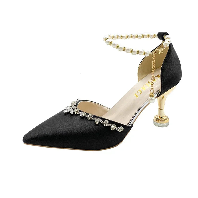 Pointed Toe Baotou Sandals Women's 2025 New Stiletto Hollow Single Shoes Versatile Pearl Strap Women's Shoes