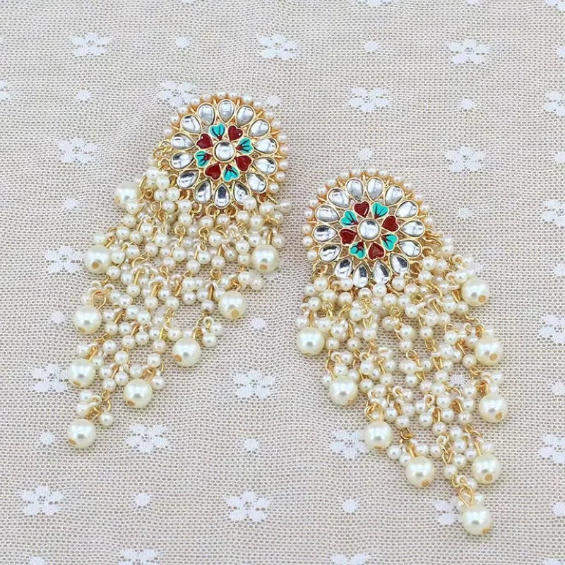 Unique Exaggerated Women Exotic Style Ethnic Bridal Bride Kundan Earrings Pearls Indian Bahubali Drop Earrings Fashion Jewelry