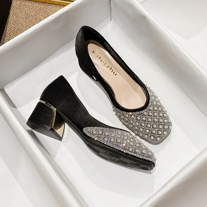 2025 Spring Summer Women Fashion Pumps New OL Party Square Casual High Heels Shoes Ladies Rhinestone Pearl Loafers 35-43