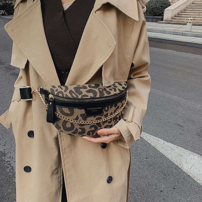 New Fashion Leopard Women Waist Bag Female Phone Purses Ladies Chest Wide Strap Crossbody Shoulder Bags Small Chain Fanny Packs