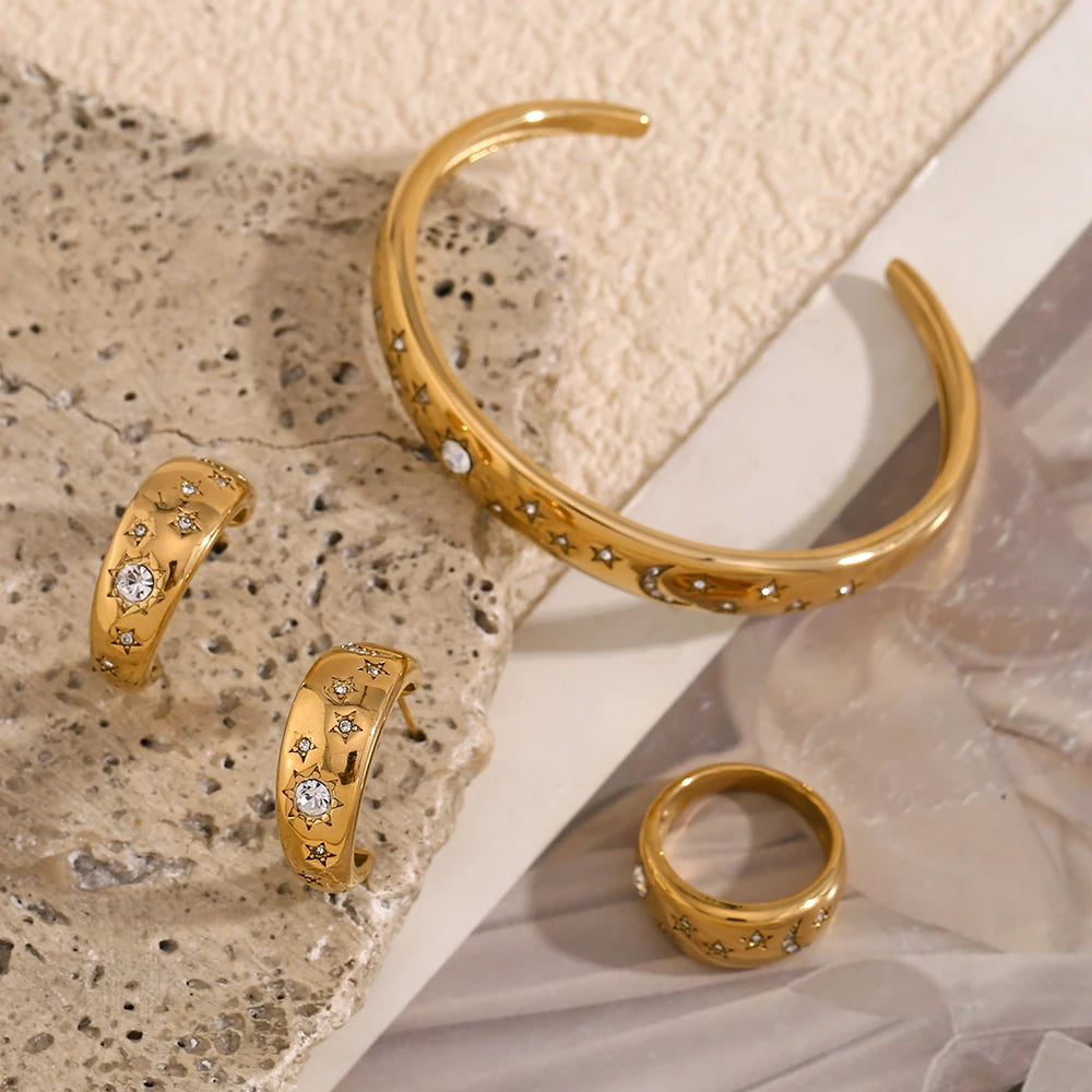 E.B.belle Star Moon Bracelet Earring Ring  Jewelry Set Hypollergenic Stainless Steel Jewelry Decoration For Women Girls Jewelry