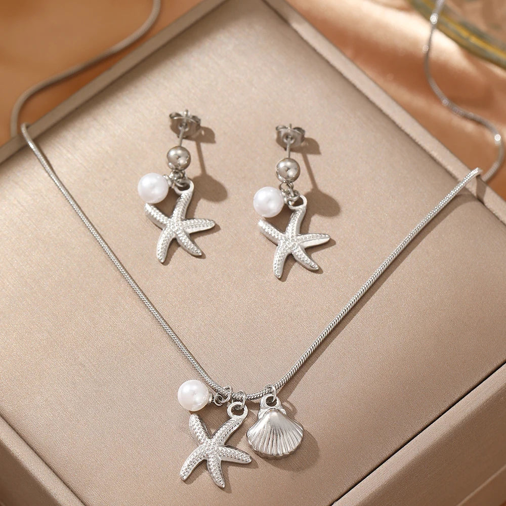 DOTIFI Stainless Steel Starfish Shell Faux Pearl Pendant Necklace Earrings Set Fashion Summer Beach Jewelry For Women Daily Wear