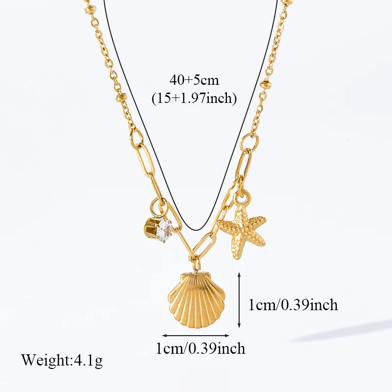 EILIECK 316L Stainless Steel Gold Color Shell Starfish Zircon Pendant Necklace For Women Fashion New Gift Neck Chain Jewelry