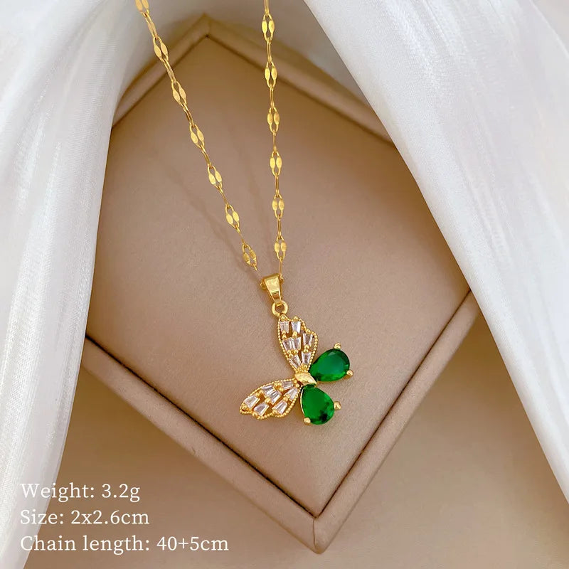 DIEYURO 316L Stainless Steel Steell Green Crystal Hollow Out Butterfly Necklace Earring Set For Women New Fashion Jewelry Gift