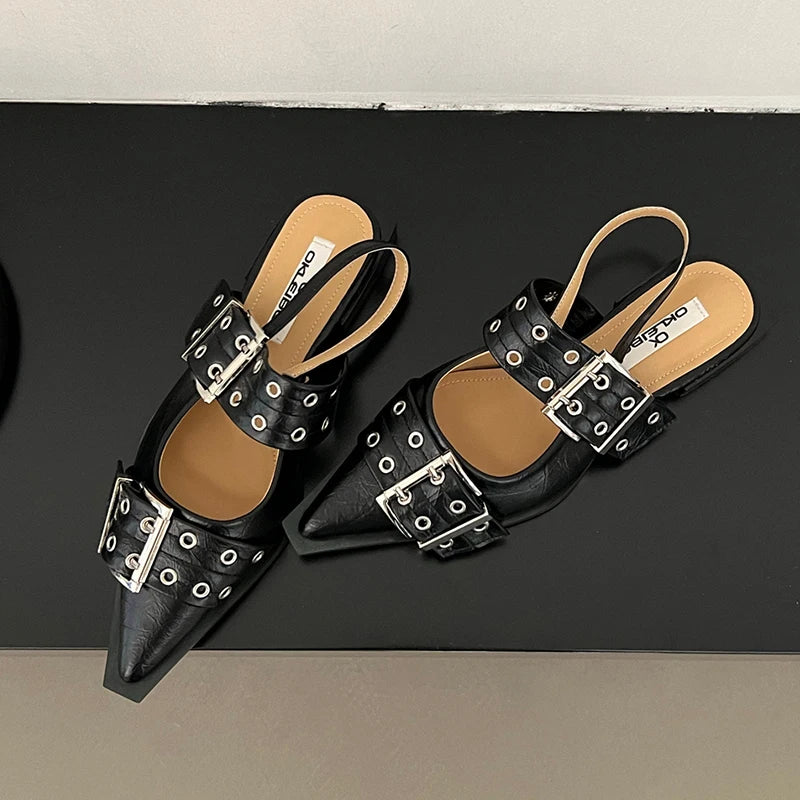 Women Flat With Shoes 2025 Designer Luxury Buckle Fashion Ladies Flats Shoes Slingback Pointed Toe Casual Female Sandals Mules