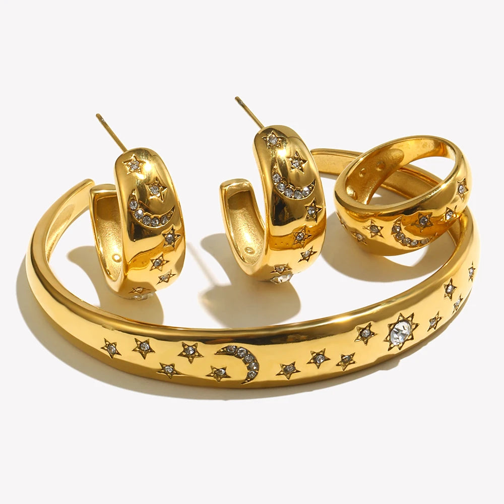 E.B.belle Star Moon Bracelet Earring Ring  Jewelry Set Hypollergenic Stainless Steel Jewelry Decoration For Women Girls Jewelry