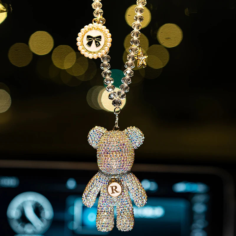 Cartoon Bear Bow Crystal Diamond Car Pendant Mirror Hanging Ornaments Bling Auto Interior Decoration for Men Women