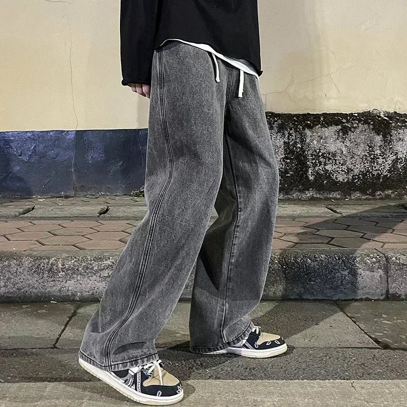 2025 Men's Jeans Korean Version Student Casual Pants High Street Straight Loose Wide Leg Jeans Black Grey Blue Baggy Jeans