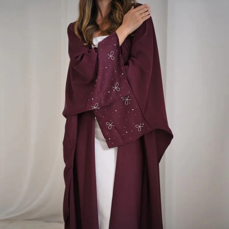 Luxury Dubai Abaya with Beaded Bow Modest Dress for Muslim Women Elegant Open Front Cover Cardigan Fashion Plain Turkey Outfit