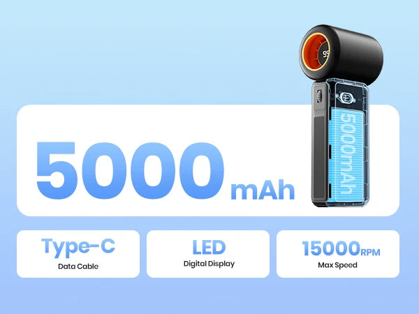 5000mAh Handheld USB Turbo Fan Super Strong Wind Infinite Gear Adjustment Long Battery Life Rechargeable Multipurpose Pocket Fan