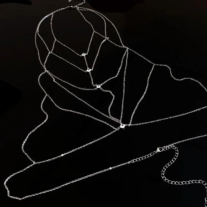 Luxury Square Crystal Chest Chain for Women Multilayer Silver Color Metal Beads Zircon Body Chain Sexy Beach Bikini Jewelry Gift
