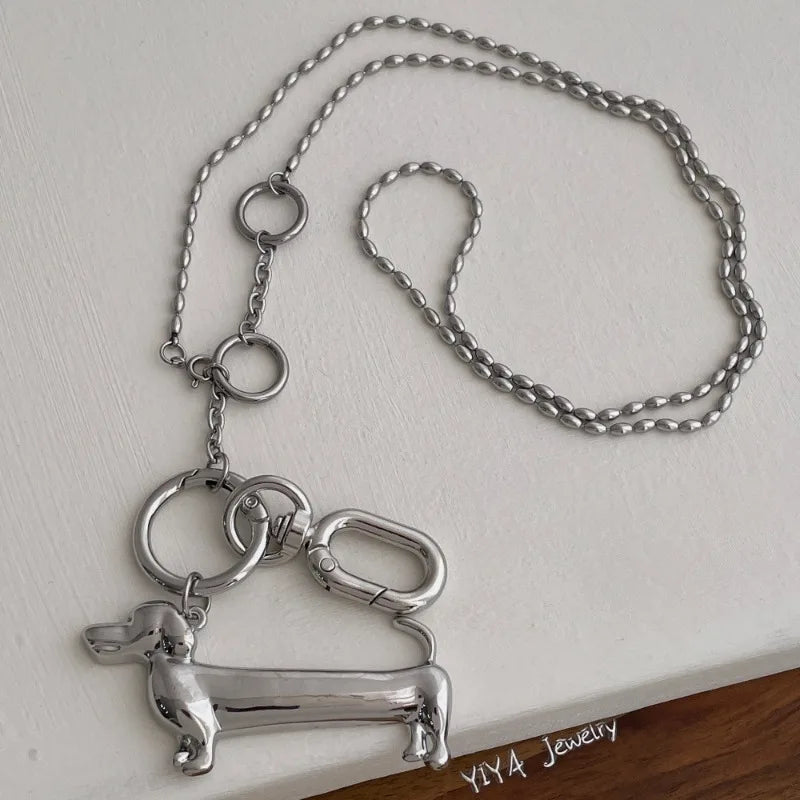 Minar Unique Design Smooth Surface Dachshund Cartoon Dog Pendant Necklaces for Women Silver Plated Long Beads Sweater Chain