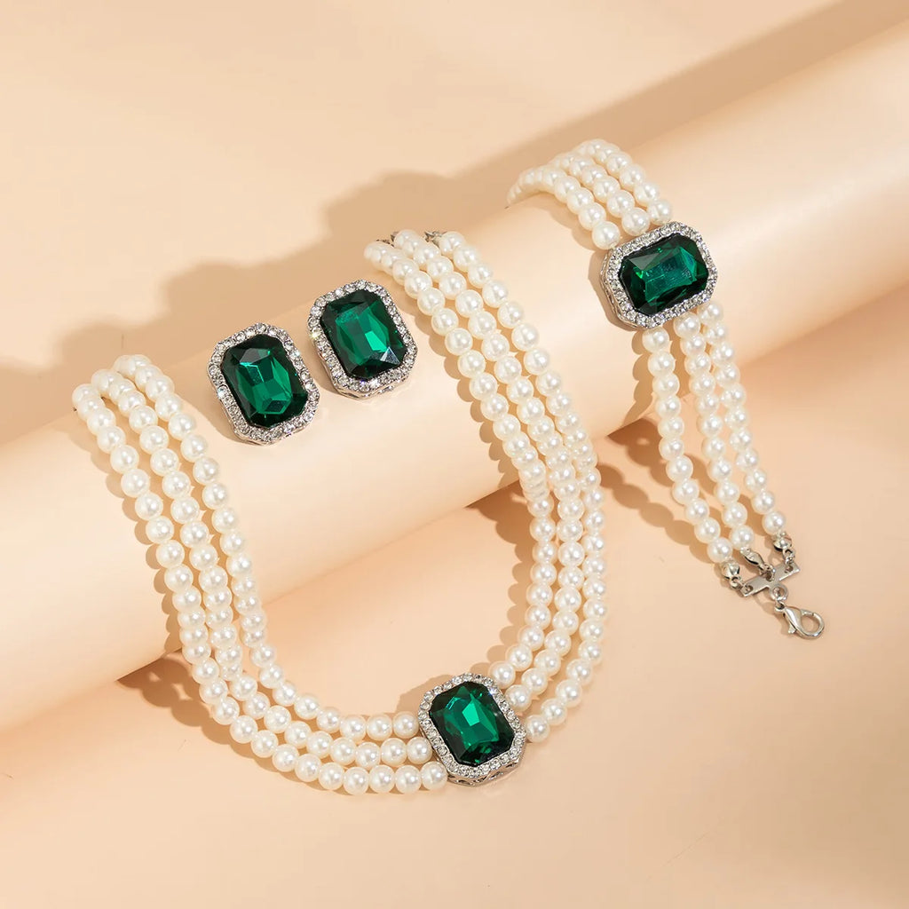 4PC Women's Fashion Light Luxury Short Style Imitation Pearl Turquoise Necklace Earrings Bracelet Jewelry Set Party Festival Gif