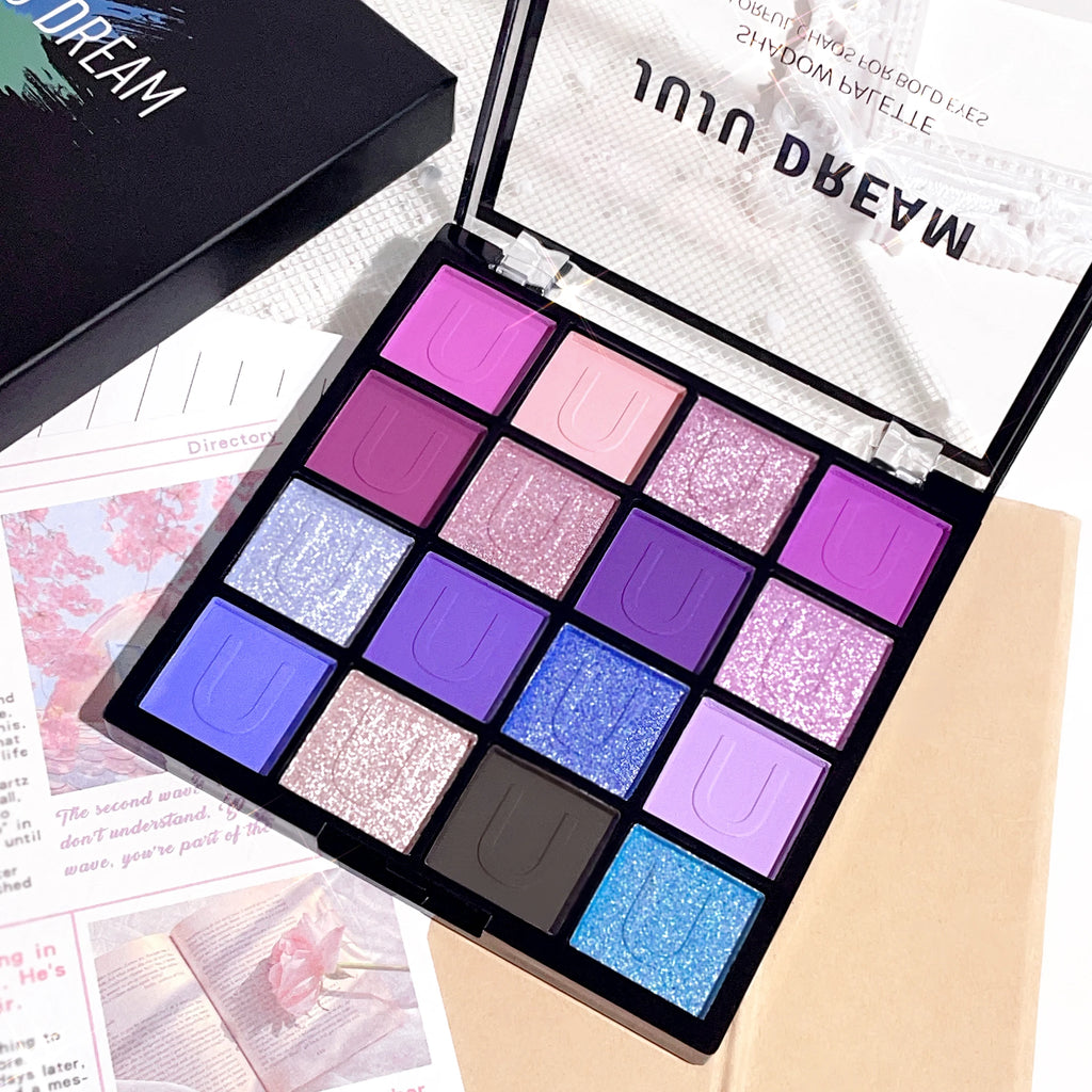 16 grid red eyeshadow tray Purple, glitter pearl matte eyeshadow, Shimmer makeup lasting women, Korean eye cosmetics