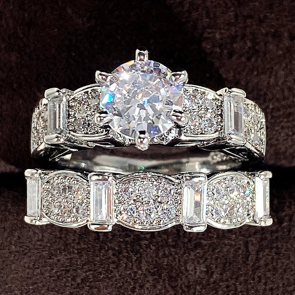Huitan Set Lady Rings Luxury Wedding Engagement Party Finger Accessories Inlaid Shining Cubic Zirconia Graceful Fashion Jewelry