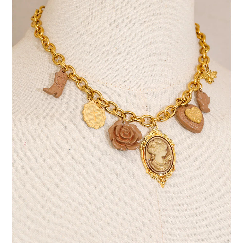 Yhpup New Arrivals Resin Flower Heart Portrait Drop Statement Necklace for Women 18K Golden PVD Plated Charm Exclusive Jewelry