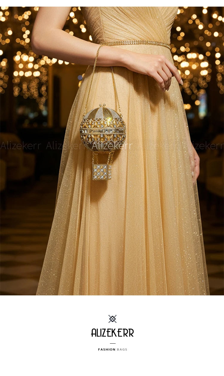 Alizekerr Hot Air Balloon Shaped Crystal Evening Bags Women Luxury Classy Unique Rhinestone Circular Clutch Purses Wedding Party