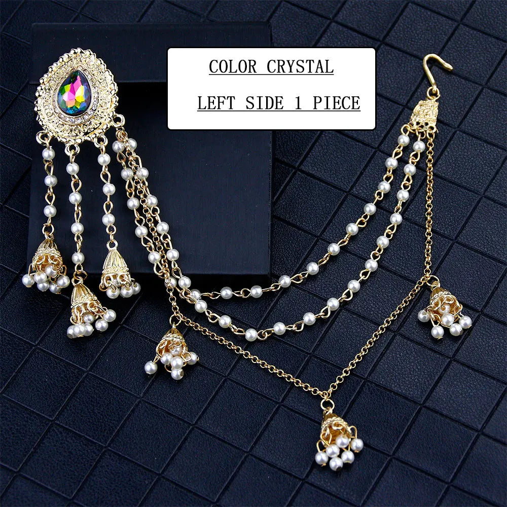 Sunspicems Fashion Indian Earring Link Headdress Jewelry Handmade Bead Chain With Metal Pendant Gold Color Bridal Bijoux Gift