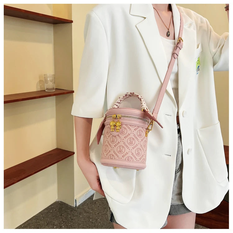 cute bear design crossbody bags for women,mellifluous women's handbag,knurling cylindrical shoulder purse,Girl handbag purse