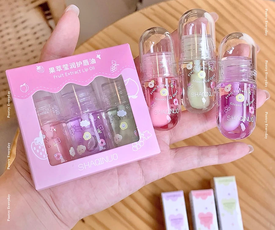 1/3Pcs Fruit Lip Oil Set Transparent Jelly Mirror Water Lip Gloss Nourishing Moisturising Anti-Dry Lips Plumping Makeup Lip Care