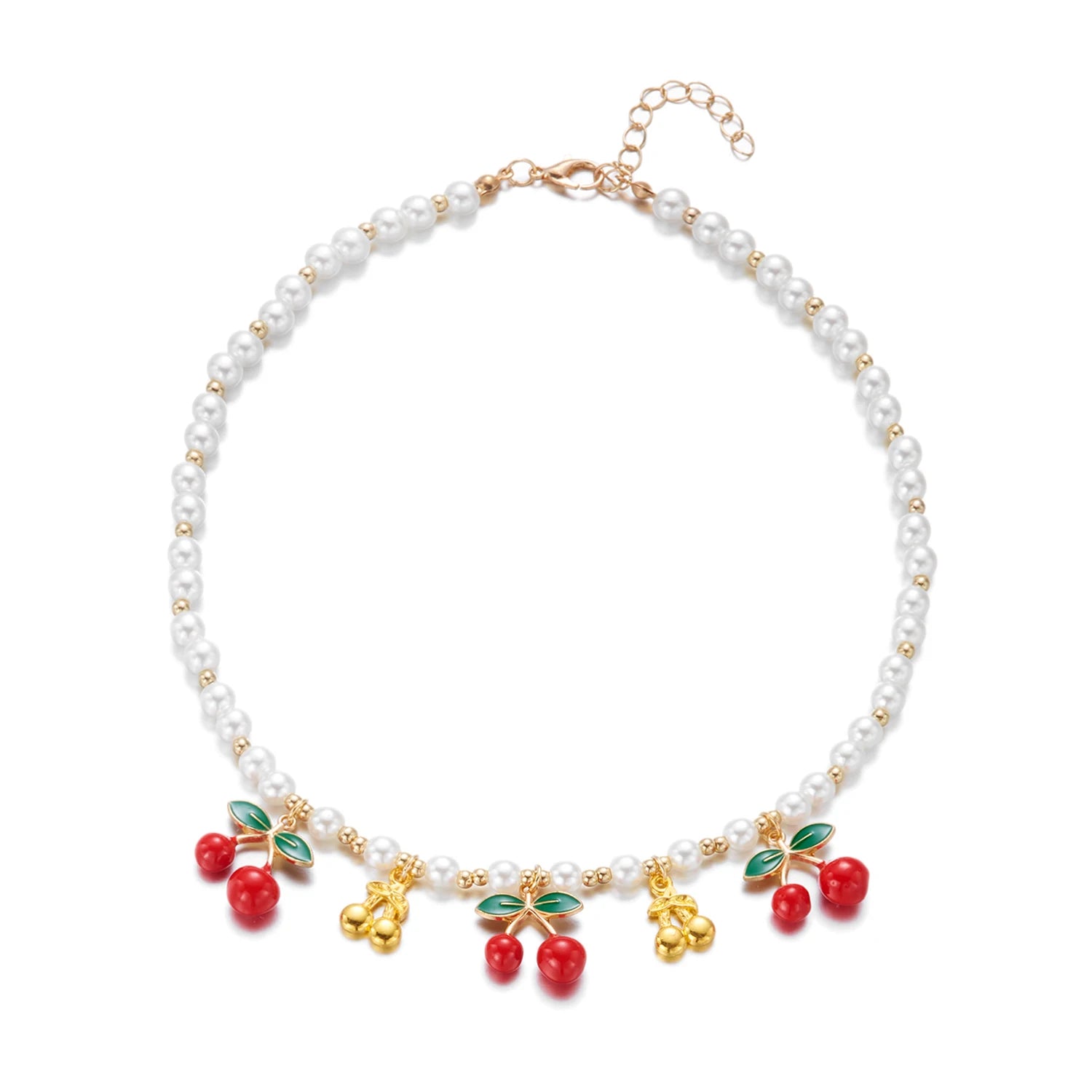 Dainty Sweet Fruit Cherry Heart Charms Pendant Necklace For Women Elegant Imitation Pearl Choker Neck Chain Jewelry Party Gift
