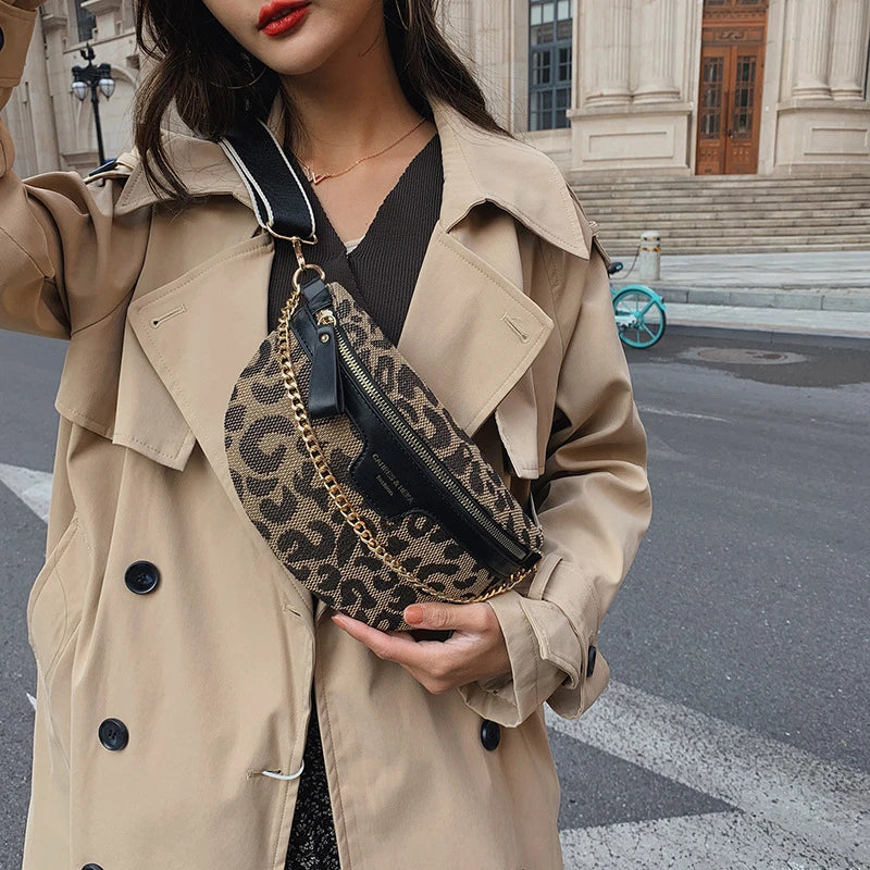 New Fashion Leopard Women Waist Bag Female Phone Purses Ladies Chest Wide Strap Crossbody Shoulder Bags Small Chain Fanny Packs