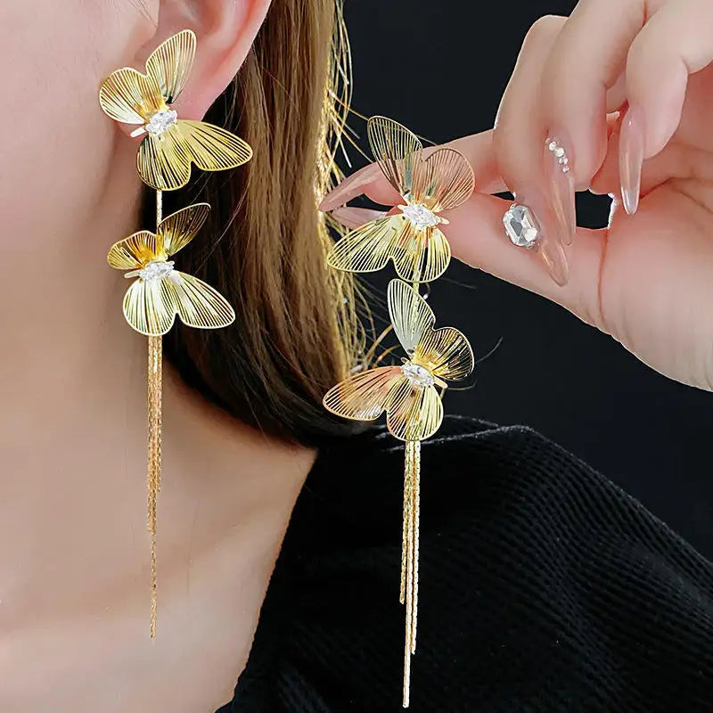 FTCY Exaggerated Butterfly Tassel Earrings for Women Vintage Gold Color Metal Hollow Drop Earrings Women's Jewelry Gifts
